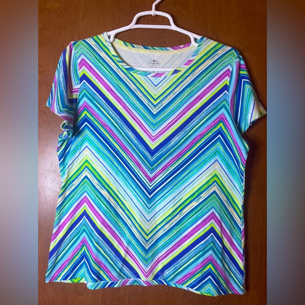 Colorful Vibrant Geometrical Short Sleeve Blouse Cotton St John Sz Petite Large